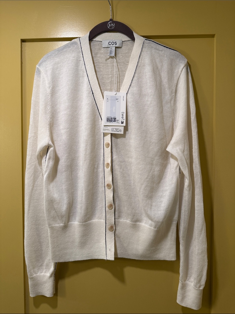 COS Cream V-Neck Cardigan with Contrast Piping